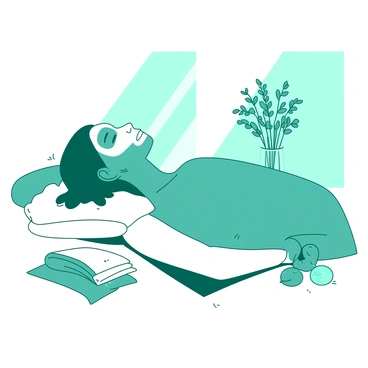 A teal customer is lying comfortably on a white treatment table in a tranquil spa setting. The customer's eyes are closed, and a soothing facial mask covers their face. Soft, ambient light filters through the room, creating a serene atmosphere. Beside the treatment table, there are neatly arranged white towels and a small vase with teal flowers. The customer's blissful expression conveys a sense of relaxation and peace.