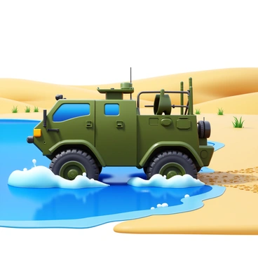 An amphibious army vehicle with a rugged design is transitioning from water to land on a sandy beach. The vehicle is partially submerged in the water, with waves splashing against its sides. Its large wheels are just beginning to touch the wet sand, creating tracks as it moves. The beach has a backdrop of gentle dunes and sparse vegetation, while the water is a deep blue reflecting the clear sky. The vehicle features military insignia and is equipped with various tools and equipment for dual terrain navigation. Water droplets are visibly cascading off the vehicle as it emerges onto the shore.