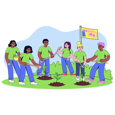A group of diverse individuals wearing matching bright green t-shirts is actively planting young saplings in a grassy field. They have shovels and gardening tools in hand. In the background, there are several freshly dug holes prepared for planting. Some team members are carefully placing the saplings into the holes, while others are filling the soil around the roots. Nearby, there are colorful banners with the words "Corporate Social Responsibility" displayed prominently. The sky is clear and blue, providing an inviting atmosphere for the event.
