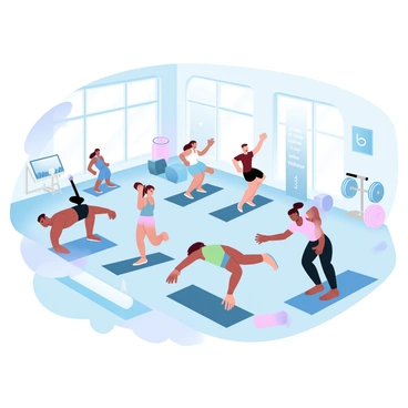 A bustling gym filled with individuals engaged in various exercises. Several people are lifting weights in one area, focusing on their routines, while others are jogging on treadmills in another section. A few individuals are using exercise bikes, and some are stretching with yoga mats nearby. The gym is brightly lit, with large windows allowing natural light to fill the space. Equipment such as dumbbells, benches, and resistance bands are scattered throughout. A motivational poster is visible on one of the walls.