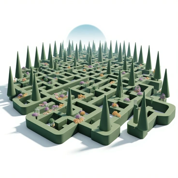 A vast hedge maze with tall, neatly trimmed green hedges creating a complex network of pathways. Each turn in the maze unveils a section of a number in expanded form, displayed prominently on wooden signs. The first section features "100" in large, bold letters, while the next reveals "20," followed by "3" at another angle. The sun casts dappled shadows on the ground, highlighting the intricate designs of the maze, with vibrant flowers blooming along the pathways, providing color and contrast to the lush greenery. In the distance, a clear blue sky can be seen peeking above the maze's towering walls.