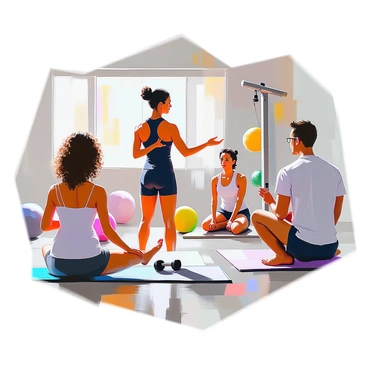 A gym instructor with short black hair is demonstrating safe exercises to a small group of attentive clients in a well-lit gym. The instructor is wearing a fitted black tank top and athletic shorts, and is explaining the movements with clear, confident gestures. One client, a woman with curly brown hair, is following along and taking notes, while another, a man with glasses, is stretching carefully on a mat. Various exercise equipment is visible in the background, including dumbbells and exercise balls. The atmosphere is focused and supportive, with an emphasis on health and safety.