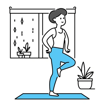A person, wearing light blue athletic wear, is performing hip circles on a yoga mat indoors. The individual has short black hair and is focused on their movement. They are positioned next to a window, through which soft rain can be seen gently falling outside. The room is brightened by natural light filtering in, and there are a few indoor plants placed nearby. The atmosphere is calm, with droplets of water visible on the windowpane.