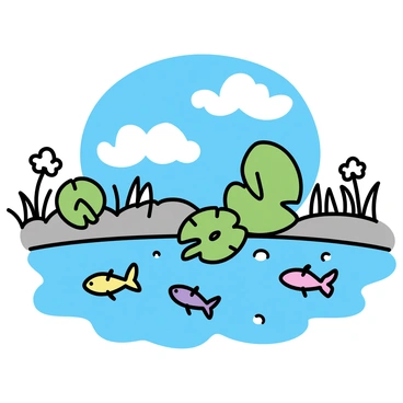 A koi pond featuring several colorful koi fish swimming beneath large green lily pads. The surface of the water is glassy and reflects a bright blue sky, scattered with soft white clouds. The pond is surrounded by smooth stones and patches of grass, creating a natural frame for the scene. The lily pads are vibrant and varied in size, some adorned with delicate flowers.
