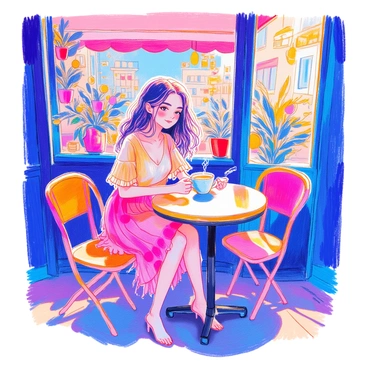 A young woman with long, flowing hair is sitting at a small round table at an outdoor café. She is wearing a casual "ruffle dress" that gracefully drapes around her. In her hand, she holds a steaming cup of "coffee." The café is adorned with potted plants and small decorative lights, creating a cozy atmosphere. Sunlight casts soft shadows on the ground, enhancing the inviting scene.