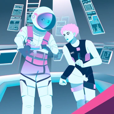 Two astronauts in sleek, high-tech space suits are floating inside a spaceship. One astronaut, with dark hair and a reflective visor, holds a pair of unusual handcuffs that shimmer with an iridescent glow. The other astronaut, with light skin and short blonde hair, is leaning closer to examine the handcuffs, their eyes wide with curiosity. The interior of the spaceship is filled with various control panels and screens displaying intricate data and holographic images. Sunlight filters through a small window, illuminating the handcuffs and creating a striking contrast with the metallic surfaces of the spacecraft.