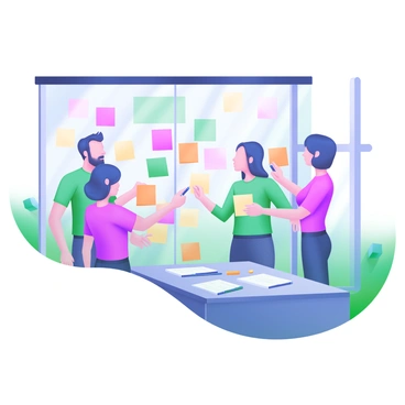 A modern pastel illustration depicting a team of sales professionals engaged in a brainstorming session. There are four individuals, two men and two women, standing in front of a large glass wall filled with colorful sticky notes in various shapes and sizes. Each team member is holding additional sticky notes, writing down ideas. The room is well-lit, with a large table in the foreground holding markers and notepads. A window in the background allows natural light to filter in, creating a collaborative atmosphere.