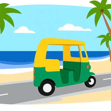 An auto rickshaw with a bright yellow and green exterior is parked on a quiet beach road. The rickshaw is positioned to the side, showcasing its three-wheeled design and the open passenger compartment. In the background, the deep blue ocean stretches across the horizon, with gentle waves lapping against the shore. The sandy beach is framed with a few scattered palm trees swaying lightly in the breeze. The sky above is clear with a few fluffy white clouds scattered throughout. The scene conveys a peaceful atmosphere, perfect for leisurely travel.