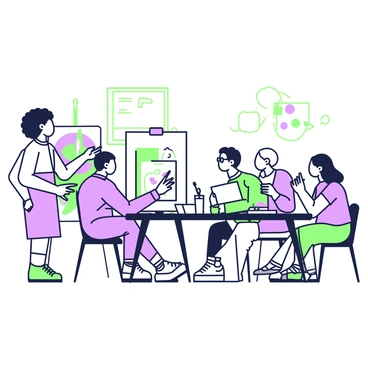A group of diverse individuals is gathered in a spacious room, engaged in discussion. On the left, a person with curly hair is standing next to a large easel displaying a colorful illustration. They are pointing at their work while looking at a seated audience. In the center, a person with glasses is holding a sketchbook open, showing a detailed drawing. Around the table, members are nodding and taking notes, with some holding pens in their hands. The room is decorated with various art supplies like paintbrushes and color palettes, creating an engaging atmosphere for creativity and collaboration.