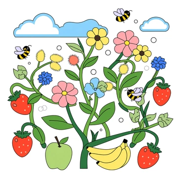 A vibrant food web illustration featuring a variety of elements. In the center, there are colorful flowers in shades of pink, yellow, and blue, each with distinct petals and green leaves. Bees with black and yellow stripes are buzzing around the flowers, collecting nectar. Various fruits such as red strawberries, yellow bananas, and green apples are scattered throughout, showcasing their rich colors and textures. The background includes a bright blue sky with fluffy white clouds, adding to the liveliness of the scene. The entire composition is interconnected with swirling lines representing the flow of energy and interactions within the food web.