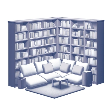 A cozy reading nook featuring a plush tapis covering the floor. The nook is filled with several large, soft cushions arranged for comfort. Surrounding the area, tall bookshelves are packed with books of various sizes and thicknesses. The shelves create a warm and inviting atmosphere, with some books stacked horizontally and others standing vertically. The nook has a small side table next to the cushions, providing space for a reading lamp or a beverage.