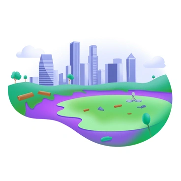 A modern pastel illustration featuring a city skyline with tall buildings, showcasing a mixture of contemporary architecture. The skyline is contrasted with a natural lake in the foreground. The lake appears polluted, displaying a murky green hue with debris floating on the surface. Surrounding the lake are patches of grass and some trees, which are resilient yet show signs of environmental stress. The sky above transitions from a clear blue to a hazy gray, emphasizing the contrast between the urban and natural elements.