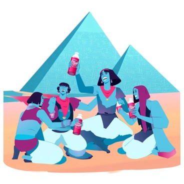 A group of ancient Egyptians, men and women in traditional linen garments, are gathered near the base of a massive pyramid under a bright sky. They are joyfully sharing bottles of "Dr Pepper," their expressions showing delight and camaraderie. The pyramids loom majestically in the background, with intricate hieroglyphs visible on their surfaces. One of the men is holding up a bottle of "Dr Pepper" triumphantly, while others are seated on the sandy ground, laughing and toasting with their drinks. The scene captures the vibrant colors of their clothing against the sandy landscape, with the pyramids providing a striking backdrop. 