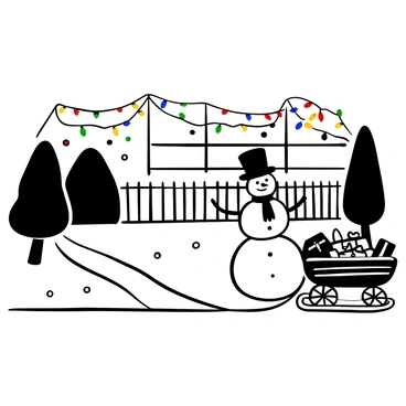 A retro-inspired front yard featuring an array of "colorful lights" strung along the fence and around the trees. In the center of the yard, a "giant inflatable snowman" stands proudly, decorated with a black top hat and red scarf. Nearby, there is a "wooden sleigh" resting on the ground, filled with faux presents and greenery. The background includes a neatly trimmed hedge and a path leading up to the front door.