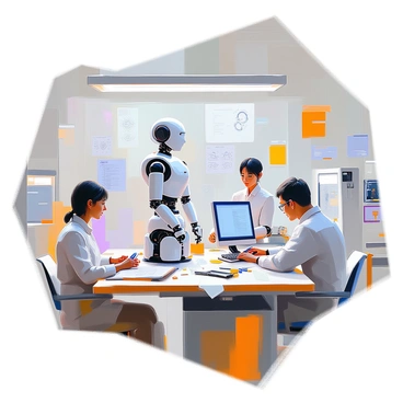 A robotics lab bustling with activity as several engineers work on programming and testing a new robot model. In the center, a sleek, humanoid robot stands on a workbench, its shiny metal exterior reflecting the bright overhead lights. One engineer, a woman with short black hair, is sitting at a computer terminal, typing commands into the software. Another engineer, a man with glasses, is crouched down examining the robot's intricate wiring. Various tools, circuit boards, and monitors are scattered around the lab, showcasing a high-tech environment filled with innovation and research. The walls are adorned with blueprints and posters detailing robot designs and mechanical concepts.