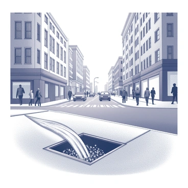Microplastics can be seen flowing into a storm drain located on a busy city street. The storm drain is partially open, capturing small particles that are carried by rainwater. Surrounding the drain, pedestrians are walking along the sidewalk, engaged in various activities. Tall buildings line the street, with storefronts visible, and vehicles passing by. The scene captures the vibrant urban environment, highlighting the contrast between nature's elements and human activity.