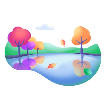 A serene lake reflecting the vibrant colors of autumn trees along its banks. The trees display shades of red, orange, and yellow, their leaves partially covering the water's surface. A few fallen leaves float gently on the lake, creating a harmonious blend with the surrounding nature. The scene captures the tranquility of the landscape, emphasizing the clear reflections of the trees in the still water.