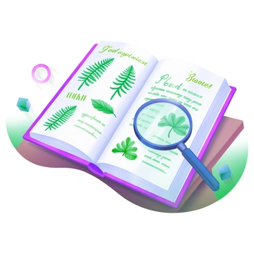 An open illustrated book lies on a wooden table. The pages are filled with detailed illustrations of various fern species. Each illustration showcases a different type of fern, with intricate leaf patterns and vibrant greens. Accompanying each fern illustration are descriptions in elegant, cursive handwriting. The background features soft, pastel colors that enhance the natural beauty of the ferns. A small magnifying glass is placed beside the book, inviting a closer examination of the text.