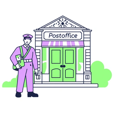 An old-fashioned postman is standing outside a vintage post office building. He is wearing a classic postman's uniform, complete with a cap and a satchel slung across his body. The postman has a friendly expression as he holds a stack of letters in his right hand. The vintage post office building features a brick facade with large wooden doors and ornate detailing above the entryway. The sign above the door reads "Post Office" in an elegant font. In the background, there are a few trees and a clear sky, enhancing the nostalgic atmosphere.