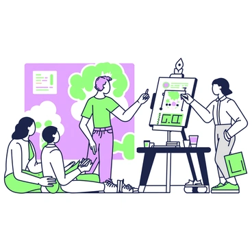 An artist with medium-length hair is standing beside a large easel, displaying their book illustrations to a group of critics seated in front of them. The artist is wearing a casual shirt and jeans, holding a pointer in their right hand to highlight a vibrant illustration. The critics are attentively listening, with some taking notes on notepads, while others are observing the illustrations with thoughtful expressions. The backdrop features a large poster of one of the illustrations, and a table with art supplies is visible next to the artist.