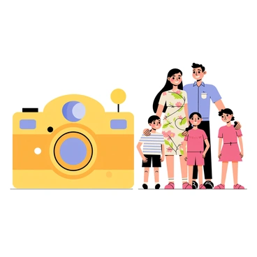 A vintage camera with a polished wooden body and brass accents stands prominently in the foreground. It features a large, round flash bulb glowing brightly above it. In the background, a family of four poses together for the portrait. The parents are smiling, with the father wearing a light blue shirt and the mother dressed in a floral dress. Two children, a boy and a girl, stand in front of them, the boy wearing a striped t-shirt and the girl in a pink dress. The scene is warm and inviting, with soft colors and cheerful expressions reflecting a joyful family moment.