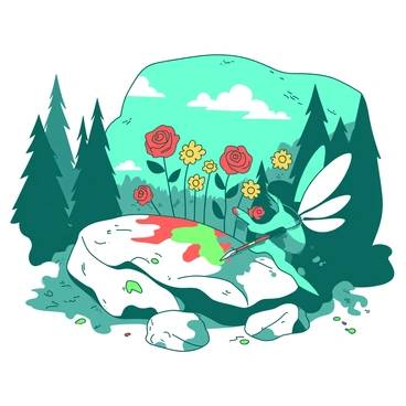 A teal flower fairy with delicate wings is painting a vibrant mural of various flowers on a large white rock nestled in the forest. The mural features diverse flowers, including bright red roses and yellow daisies, showcasing a colorful landscape. The fairy is using a small brush in her right hand, with splashes of paint on her wings and the ground around her. Sunlight filters through the trees, casting dappled shadows on the rock and illuminating the scene.