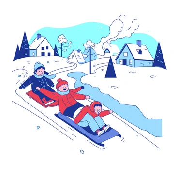 A group of children are sledding down a steep white hill in a snow-covered village. The children are wearing colorful winter clothing, with bright red and blue jackets. They are laughing joyfully as they slide down, creating trails in the fresh snow. Snowflakes are flying through the air, adding to the playful atmosphere. In the background, quaint white cottages with smoke rising from the chimneys are visible. A few evergreen trees are dotted around the scene, their branches heavy with snow.