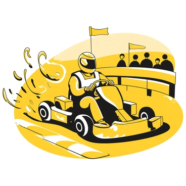 A go-kart racer leaning into a turn on a racetrack, wearing a helmet and protective gear. The racer grips the steering wheel tightly, with the body angled to maintain balance. The go-kart is equipped with visible brakes on the wheels, highlighting the mechanical aspects of the vehicle. Surrounding the go-kart are blurred motion lines that suggest speed, while the track is marked with curbs and tire marks. The background features an audience watching the race, with flags waving in the air.