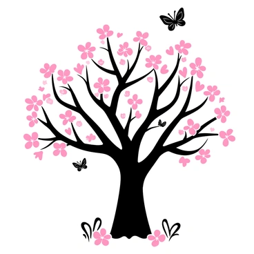 A tree with a sturdy trunk and numerous branches covered in "pink cherry blossoms" swaying gently in the breeze. The ground below is scattered with fallen blossoms. A few butterflies can be seen fluttering around the blooms, adding a delicate touch to the scene. The branches reach out, creating a canopy overhead filled with blossoms.