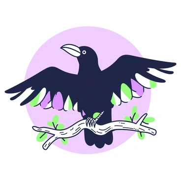 A raven is perched on a branch with its wings spread wide open. The feathers display a distinct harlequin pattern, alternating in a diamond shape across its wings. The raven’s beak is sharp and slightly open, revealing its pointed tongue. Its eyes are bright and attentive, set against the sleek black plumage of its head. The branch it rests on is gnarled and textured, surrounded by a few sparse leaves that contribute to the scene. The background is a soft blend, providing depth without distracting from the raven's striking spread wings.