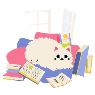 A fluffy ragdoll cat with striking blue eyes is curled up comfortably in a cozy book nook. The nook is filled with colorful, open books scattered around, displaying various illustrations and text. Soft, plush pillows in shades of pastel pink and blue are piled around, creating a warm and inviting atmosphere. A gentle sunlight beam filters through a nearby window, casting a soft glow over the relaxed scene.