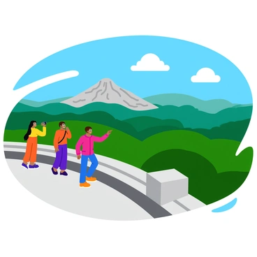 A lookout point on Mont Ventoux with a sturdy stone railing. Several visitors are standing at the edge, looking out over the expansive panoramic view of lush green hills and valleys below. One visitor is taking a photo with a camera, while another is pointing towards the horizon. The sky is bright blue with a few fluffy white clouds, and the sun casts soft shadows on the ground. In the background, the peak of Mont Ventoux is visible, covered with patches of rocky terrain.