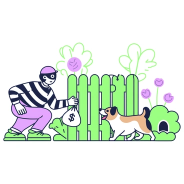 A cartoon robber trying to steal a dog from its yard while the pet barks loudly.