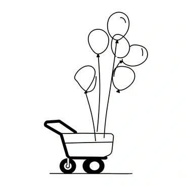An empty cart tied with colorful balloons floating upwards
