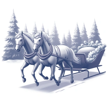 Two strong horses are harnessed together, each displaying impressive muscular build and sleek features. They are pulling a festive sleigh, which is adorned with garlands and ribbons. The sleigh glides smoothly over a blanket of fresh, white snow. Surrounding the scene is a dense forest, with tall trees dusted with snow, their branches heavy with the weight of the winter. Flakes of snow gently fall from the sky, enhancing the wintry atmosphere. The horses are in a dynamic stance, showcasing their strength and determination as they navigate the snowy terrain.