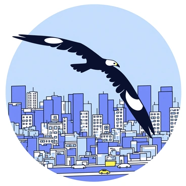 A California condor with a large wingspan is soaring high above a bustling cityscape. The condor has dark feathers with a distinctive white patch under each wing. Below, the city is filled with tall skyscrapers and busy streets, with small cars and people visible. The sky is clear and blue, and the sun casts shadows from the buildings onto the ground. The urban life below contrasts with the serene flight of the condor above.
