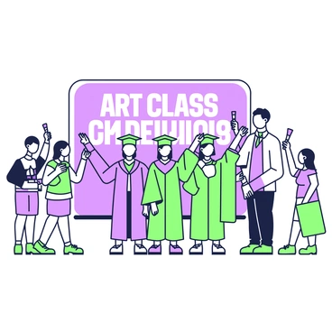 A graduation ceremony for an art class with students holding brushes like diplomas