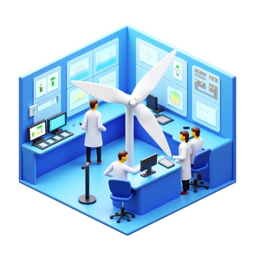 A state-of-the-art laboratory filled with advanced scientific equipment for wind energy research. Scientists wearing lab coats are gathered around a large, intricate wind turbine model, analyzing data on screens. A high-tech anemometer is positioned nearby, measuring wind speed. Various diagrams of wind energy systems are displayed on the walls. The lab has large windows, allowing natural light to illuminate the space, creating a vibrant atmosphere of innovation and collaboration.
