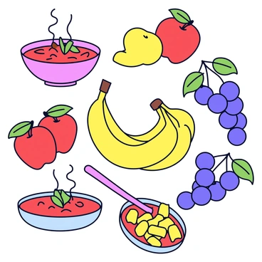 A vibrant serigraph print featuring a variety of food illustrations. The print includes a selection of colorful fruits such as red apples, yellow bananas, and purple grapes arranged artistically. There are also several dishes, including a steaming bowl of pasta with rich tomato sauce and a sprinkle of green basil. The background is a subtle white, highlighting the vivid colors of the food. Each item is outlined cleanly, making the print ideal for kitchen decor.