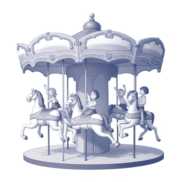 A vintage carousel with intricately carved horses, each adorned with detailed saddles and vibrant decorations. The horses are positioned in a circular arrangement, some rising and falling as the carousel spins. Children are riding on the horses, their faces filled with joy and delight. Some children are holding onto the horse's mane, while others are raising their hands in excitement. The carousel is enclosed with ornate decorative panels, and the mechanism is visible, showcasing gears and rods. The atmosphere is filled with a sense of fun and nostalgia.