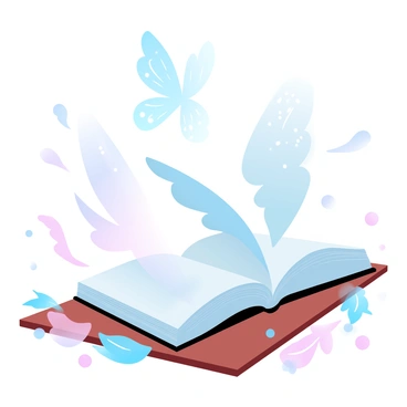 A book is lying open on a wooden table. As the pages of the book unfold, they begin to transform into delicate butterfly wings. The wings are colorful with a variety of patterns, resembling intricate designs in soft pastels. The fluttering wings extend outward, creating a sense of movement as if they are ready to take flight. Surrounding the book are scattered leaves and small flowers, enhancing the natural theme of the scene. The light gently illuminates the book and the emerging wings, highlighting their vibrant colors.