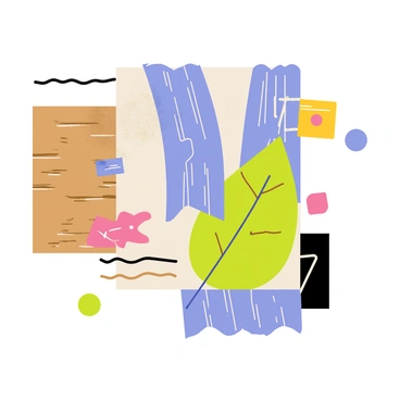 A digital collage featuring a variety of textures and images. The collage includes a rough brown wood texture in one corner, soft blue fabric draping across the center, and a vibrant green leaf pattern in another section. Various geometric shapes in bright colors are scattered throughout the composition, adding dynamic contrast. The overall arrangement is layered, with some images partially overlapping to create depth and interest. 