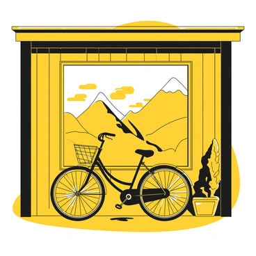 A garage window framed by wooden panels, showing a scenic view of mountains in the distance and rolling hills below. In the foreground, a bicycle with yellow rims leans against the wall of the garage. The bike has a black frame and a basket attached to the handlebars. Sunlight streams through the window, illuminating the bicycle and casting shadows on the garage floor. The lush greenery outside contrasts with the structure of the garage, creating an inviting atmosphere.