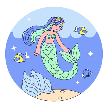 A mermaid with long flowing hair made of vibrant shades of blue and green. She wears a crown made of delicate seaweed intertwined with colorful ocean flowers. Her tail shimmers with scales that reflect the sunlight in shades of turquoise and aquamarine. She is gracefully swimming in clear blue water, surrounded by small fish that dart playfully around her. The sunlight filters through the surface, creating sparkling patterns on the sandy ocean floor.