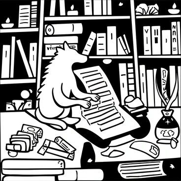 A wolf sitting on its haunches at a wooden table covered with ancient, open medieval manuscripts. The wolf has a well-defined fur texture and is focused intently on the parchment. Surrounding the table are stacks of additional manuscripts and a quill resting in an ink pot. Soft, flickering candlelight from ornate candle holders casts shadows across the pages, illuminating intricate illustrations and text. Shelves filled with more books line the walls of the library, creating an atmosphere of knowledge and history.