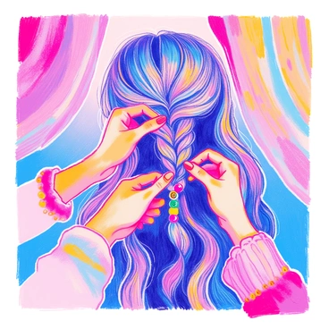 A pair of hands is skillfully braiding long hair. The hair is thick and lustrous, cascading down in waves. Colorful decorative beads are interwoven within the braid, adding a vibrant touch. The fingers are expertly maneuvering the strands, showing precision and care. In the background, there are soft, pastel-colored fabrics draping around, enhancing the focus on the hands and hair.