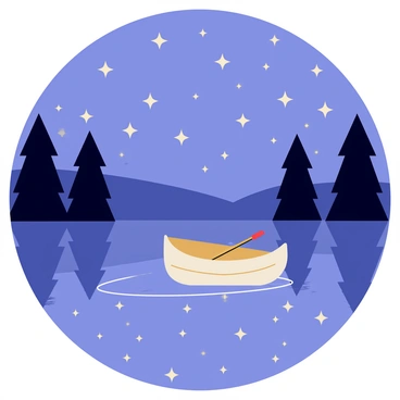 A tranquil lake with a smooth surface reflecting a multitude of bright stars in the night sky. The scene features a small wooden boat floating gently on the water. The boat has a light brown color, with a single oar resting inside it. Surrounding the lake are silhouettes of tall trees that frame the serene setting. The stars above twinkle in various sizes, casting soft light onto the calm water surface.
