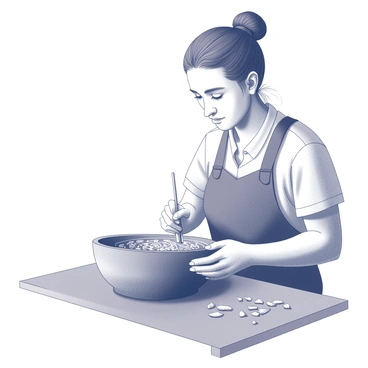 An artisan is seated at a workbench, carefully carving intricate designs into a wooden bowl. The bowl, made from dark wood, has a smooth, polished surface reflecting the artisan's focused craftsmanship. The artisan's hands are steady, one hand holding the bowl firmly while the other hand uses a carving tool to create delicate patterns. Small shavings of wood are scattered across the workbench, indicating the meticulous process of the carving. The artisan’s face shows concentration, with soft lighting casting gentle shadows that enhance the details of the scene.