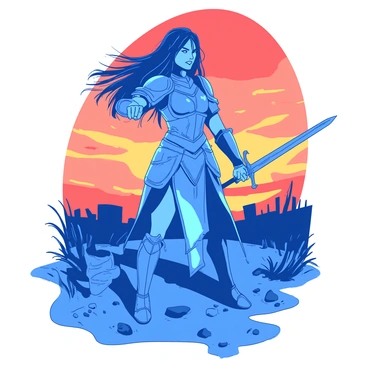 A blue female warrior stands confidently, gripping a gleaming sword in her right hand, poised for battle. She wears ornate armor that reflects intricate designs, and her long, flowing hair billows behind her. In the background, a vibrant orange sky is illuminated by the light of a setting sun, casting dramatic shadows on the ground. Surrounding her are remnants of an ancient battlefield, with scattered stones and grasses swaying in the wind. Her fierce expression conveys determination and strength, ready to face any challenges ahead.