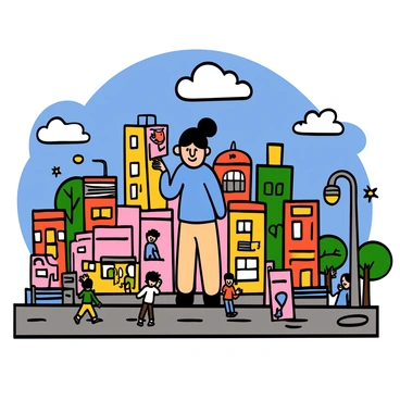 A character with light skin and short black hair focused on placing colorful buildings in a bustling cityscape filled with various structures. The character is wearing a blue casual shirt and beige pants. Surrounding them are animated citizens walking on the sidewalks, and vibrant decorations like trees, benches, and streetlights are scattered throughout the landscape. The sky above is bright blue with a few fluffy white clouds, adding to the lively atmosphere of the mobile game.